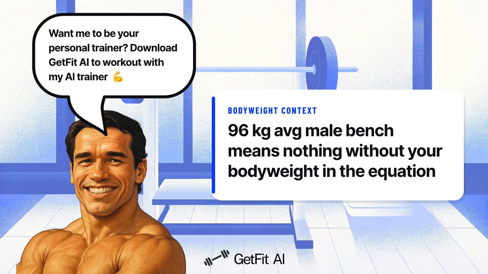 Arnold stands beside a card reading "96 kg avg male bench means nothing without your bodyweight in the equation," set at a loaded bench press station.