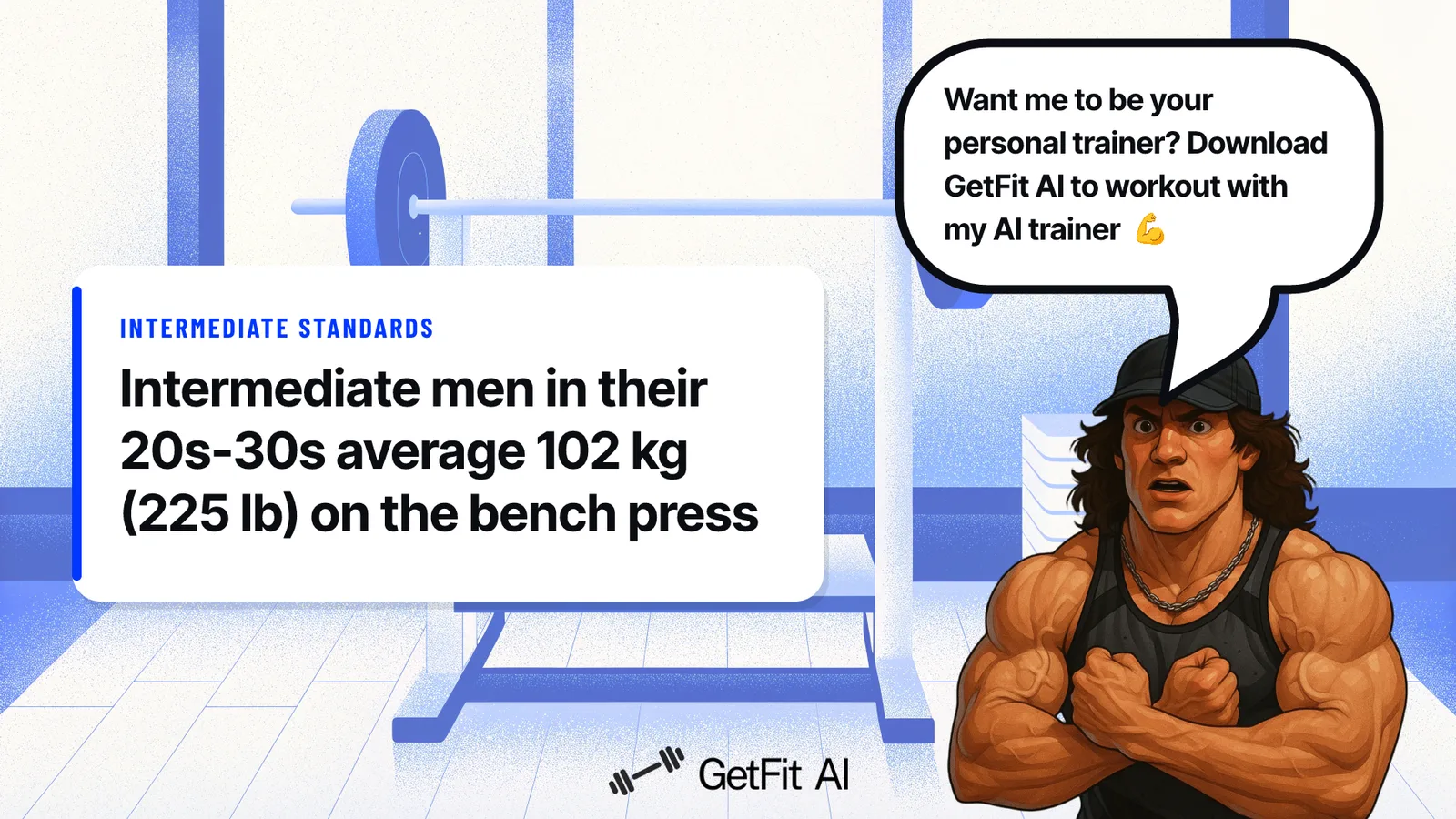Sam Sulek stands beside a card reading "Intermediate men in their 20s-30s average 102 kg (225 lb) on the bench press" at a loaded bench press station
