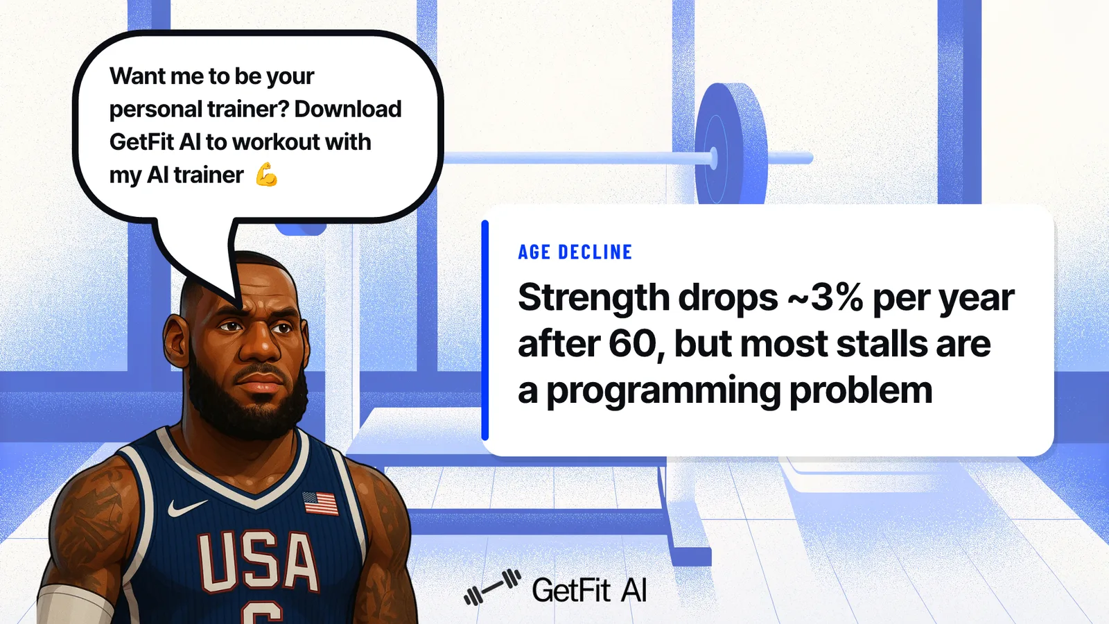 LeBron stands beside a card reading "Strength drops ~3% per year after 60, but most stalls are a programming problem" at a bench press station