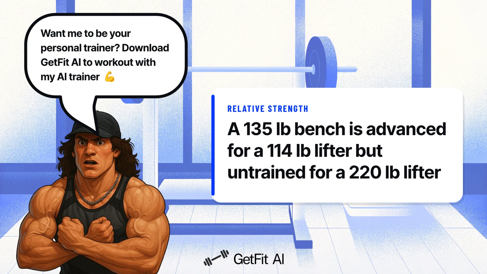 Sam Sulek stands beside a card reading "A 135 lb bench is advanced for a 114 lb lifter but untrained for a 220 lb lifter" at a loaded bench press station