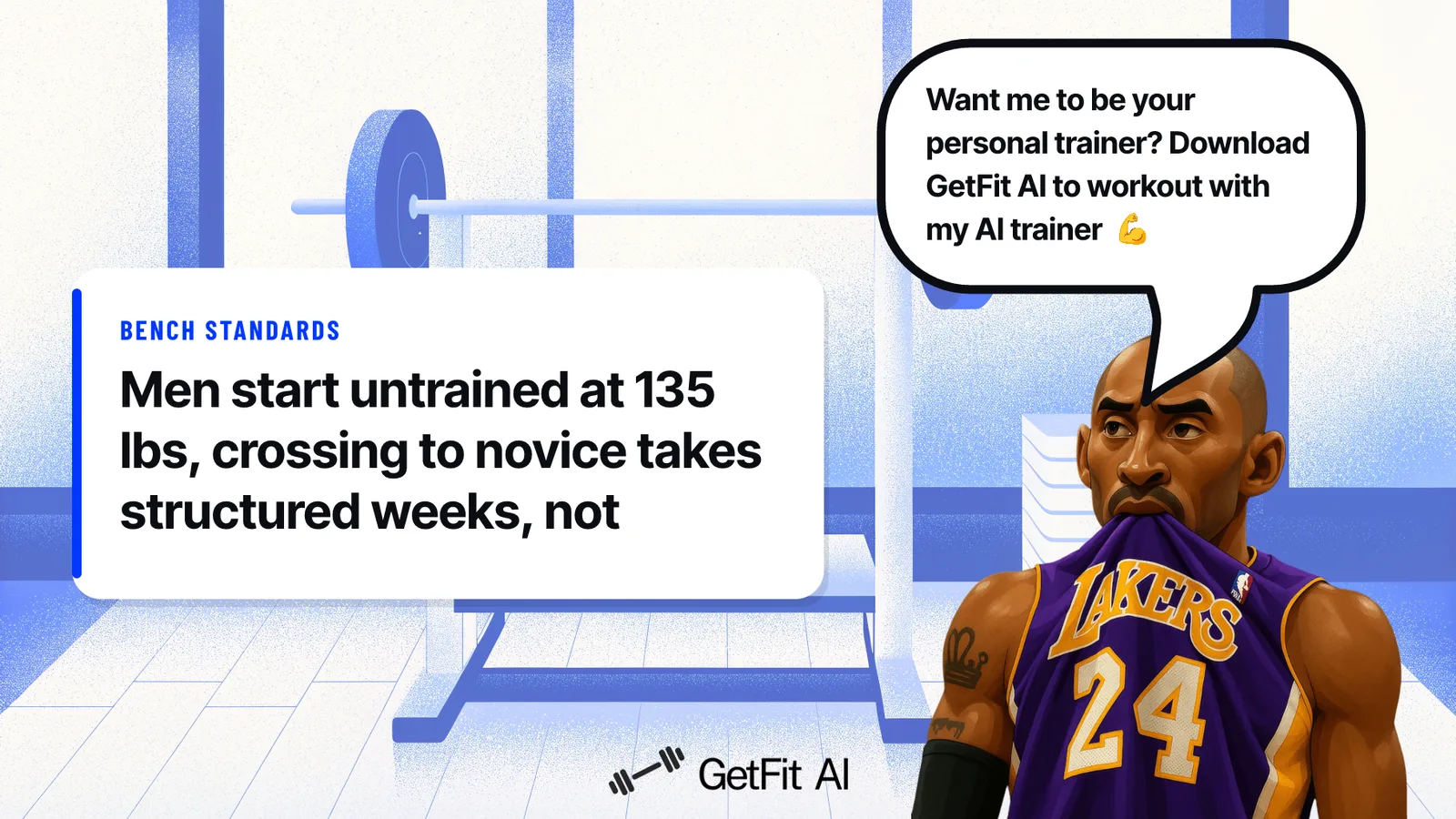 Kobe stands beside a card reading: Men start untrained at 135 lbs, crossing to novice takes structured weeks, not months of casual gym time