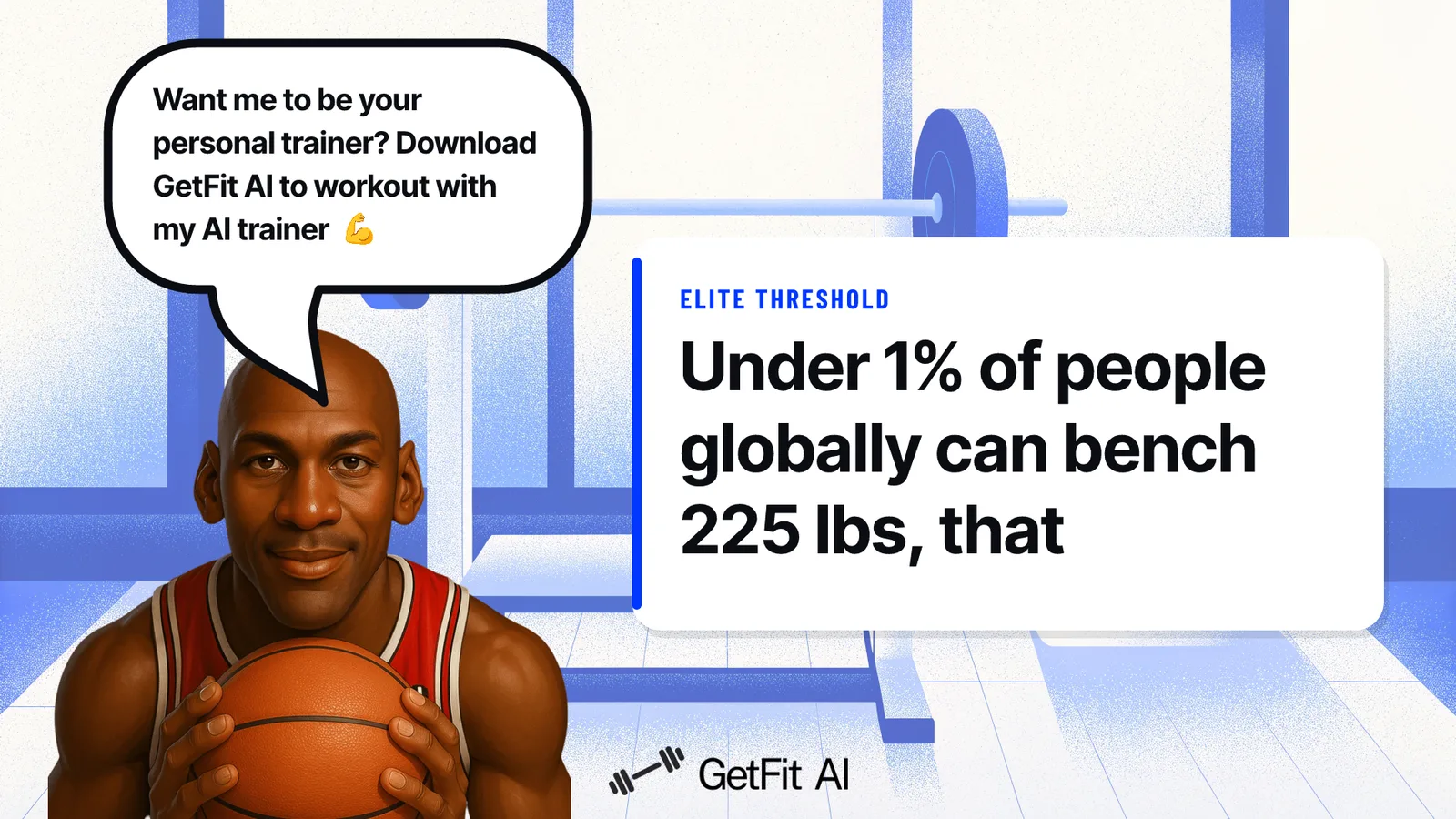 Jordan stands beside a card reading "Under 1% of people globally can bench 225 lbs -- that's Advanced on most charts" at a loaded bench press station