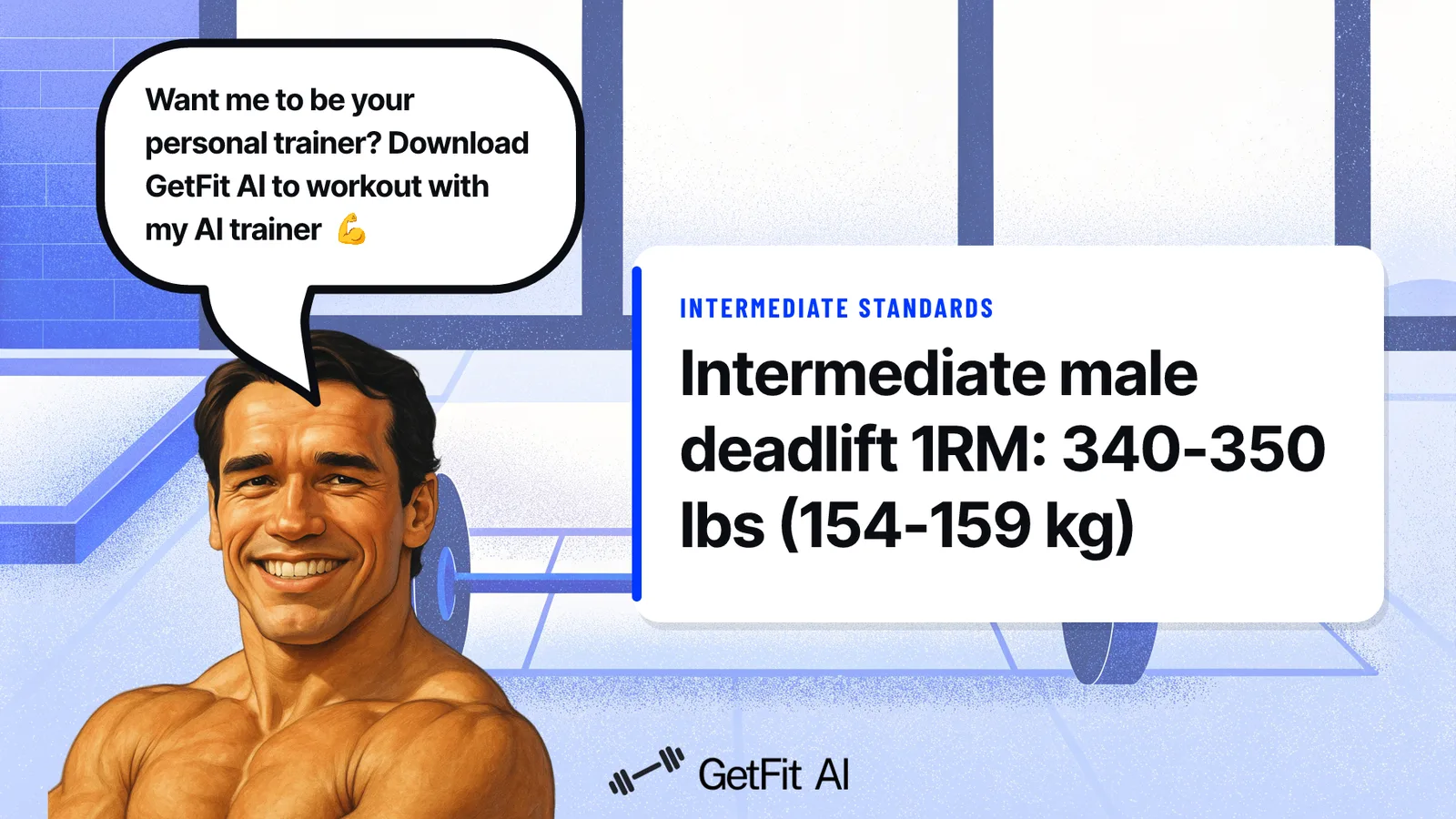 Arnold stands beside a card reading "Intermediate male deadlift 1RM: 340-350 lbs (154-159 kg)" on a chalk-dusted deadlift platform