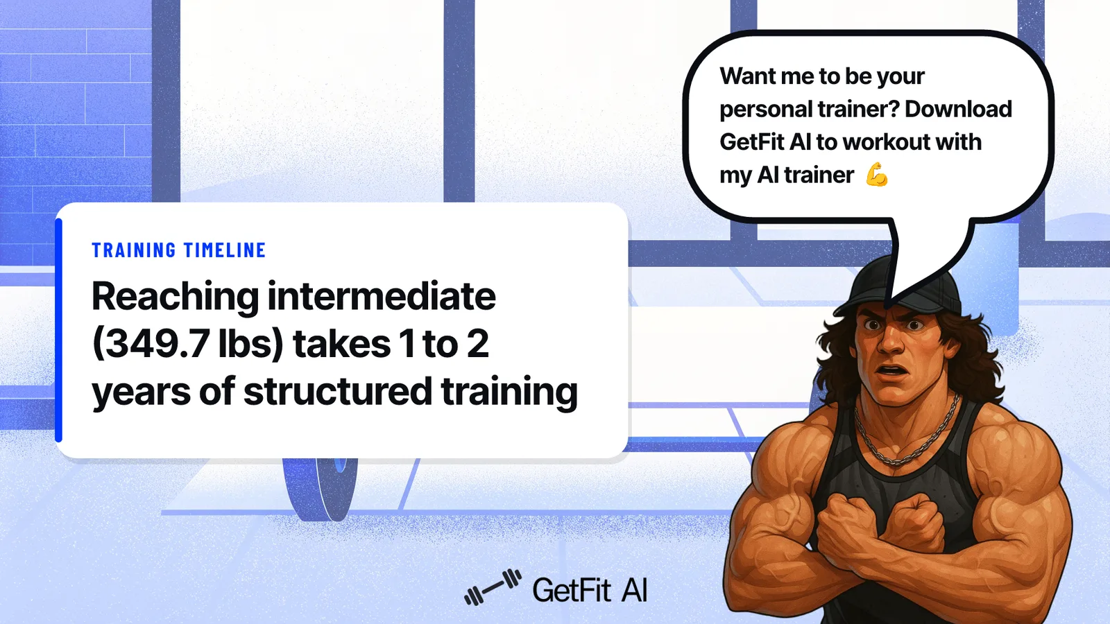 Sam Sulek stands on a chalk-dusted deadlift platform beside a card that reads: Reaching intermediate (349.7 lbs) takes 1 to 2 years of structured training
