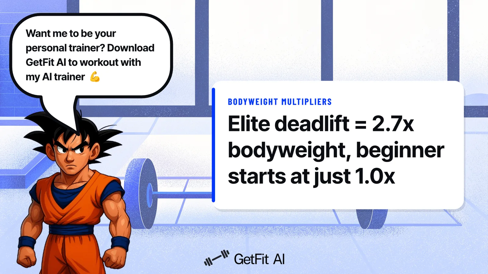 Goku stands beside a card reading "Elite deadlift = 2.7x bodyweight -- beginner starts at just 1.0x" on a chalk-dusted deadlift platform