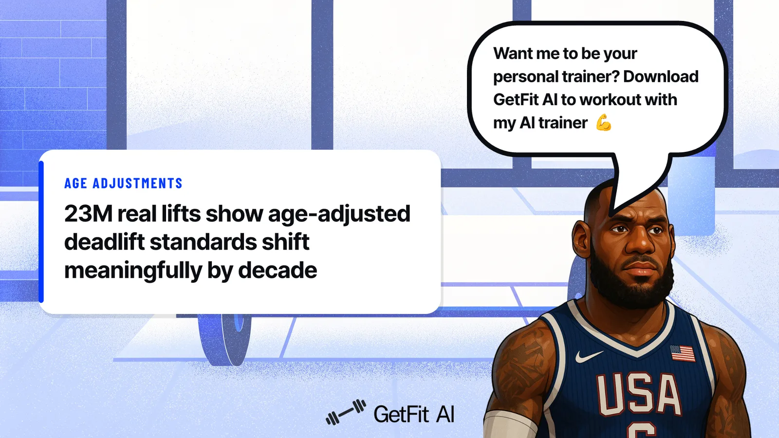 LeBron stands beside a card reading "23M real lifts show age-adjusted deadlift standards shift meaningfully by decade" on a chalk-dusted deadlift platform