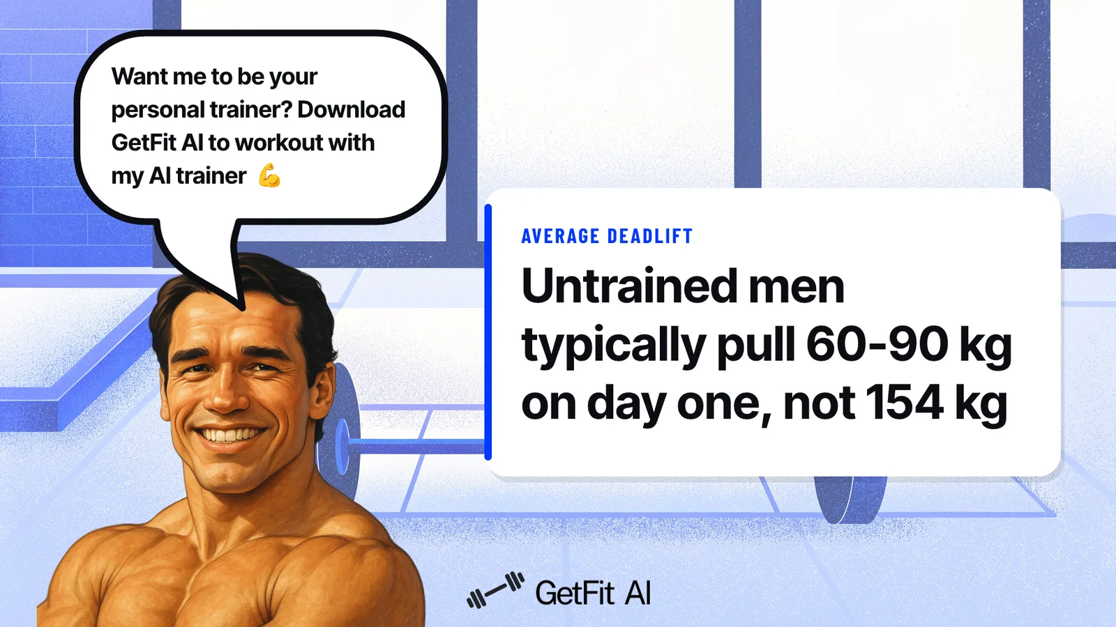 Arnold stands beside a card on a chalk-dusted deadlift platform reading: Untrained men typically pull 60-90 kg on day one, not 154 kg