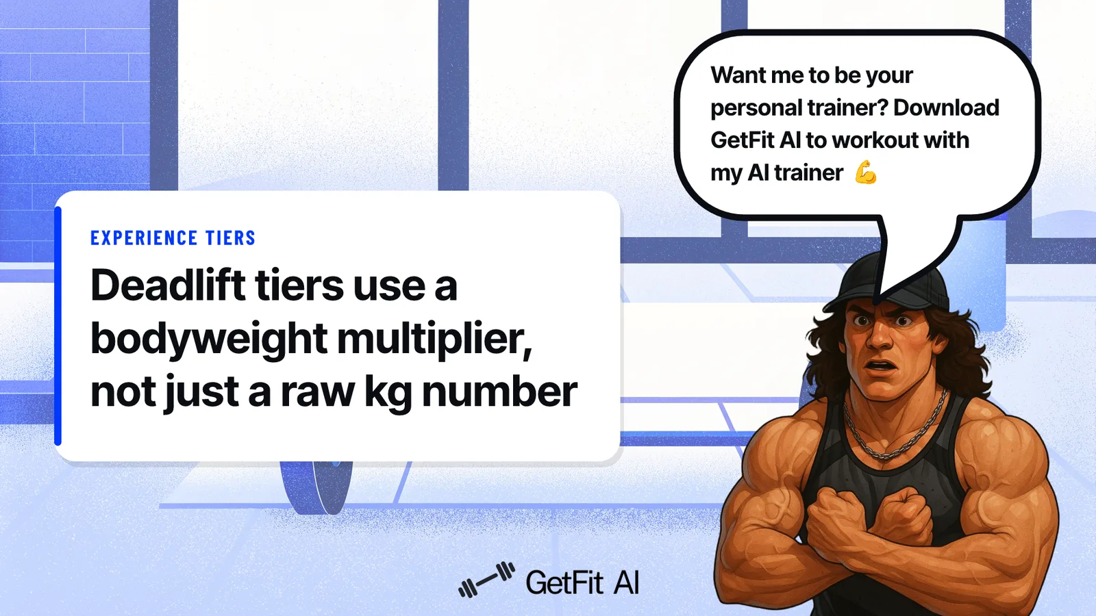 Sam Sulek stands on a chalk-dusted deadlift platform beside a card that reads: "Deadlift tiers use a bodyweight multiplier, not just a raw kg number"