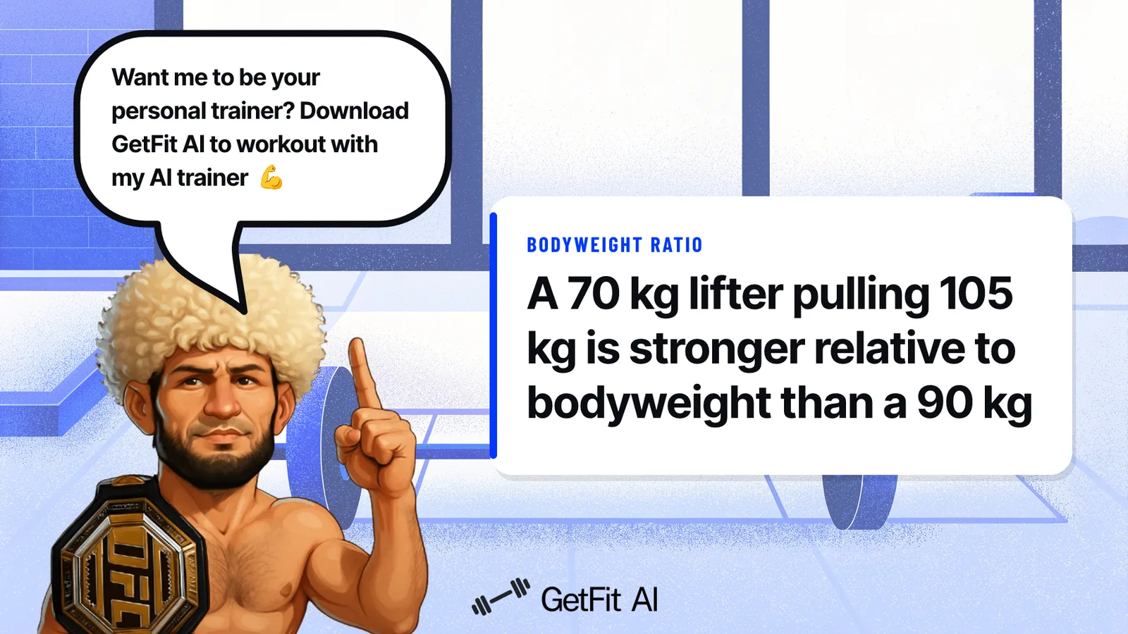 Khabib stands beside a card reading: A 70 kg lifter pulling 105 kg is stronger relative to bodyweight than a 90 kg lifter pulling the same
