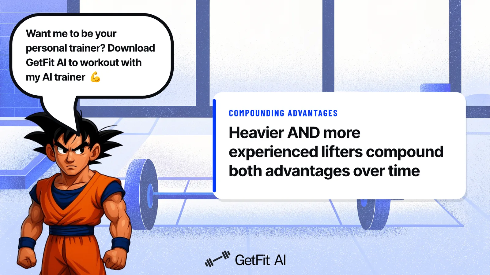 Goku stands beside a card reading "Heavier AND more experienced lifters compound both advantages over time" on a chalk-dusted deadlift platform