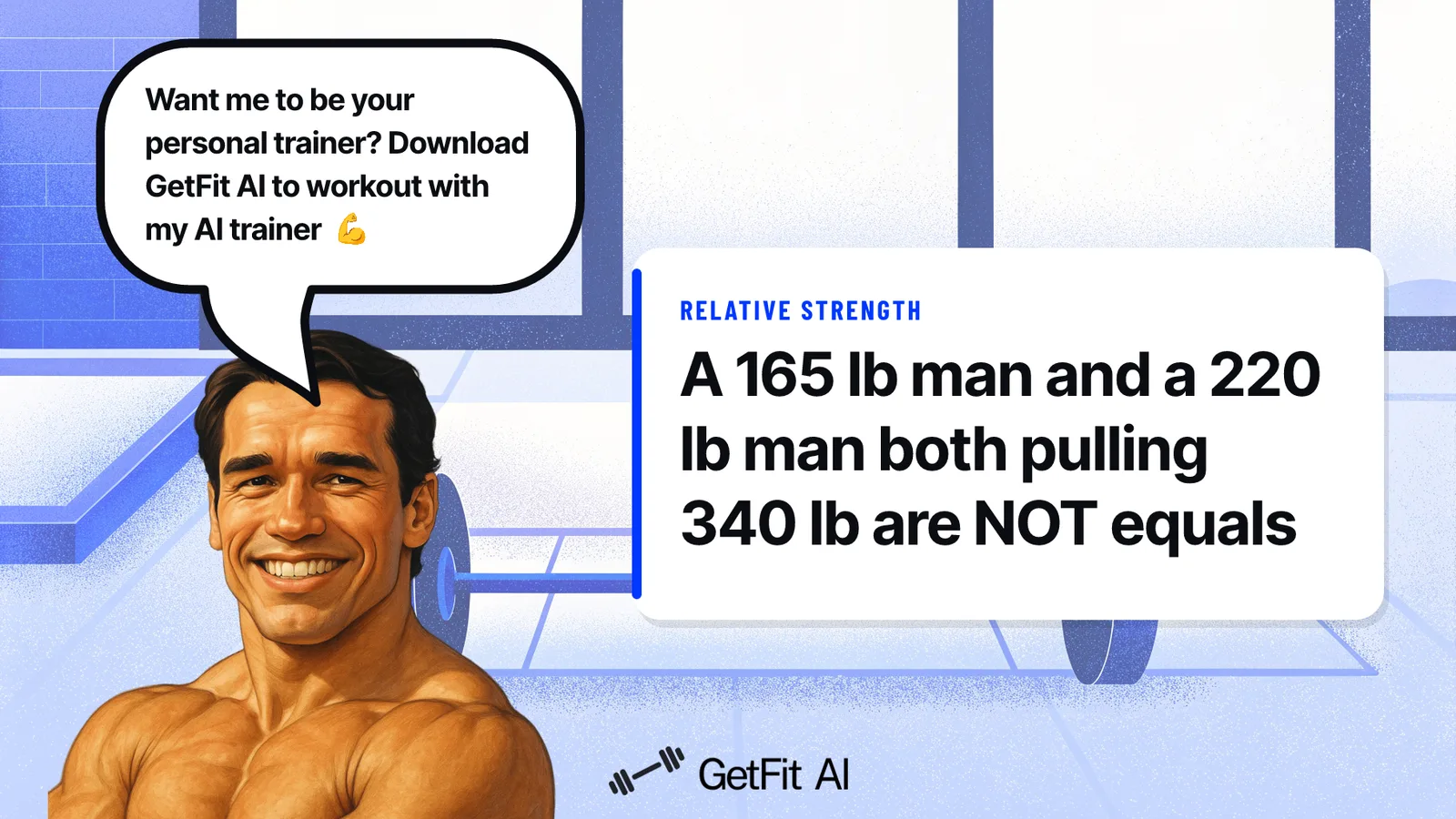 Arnold stands beside a card reading "A 165 lb man and a 220 lb man both pulling 340 lb are NOT equals" on a chalk-dusted deadlift platform