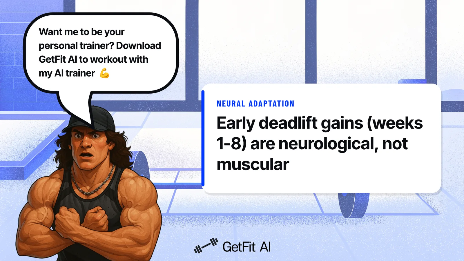 Sam Sulek stands beside a card reading "Early deadlift gains (weeks 1-8) are neurological, not muscular" on a chalk-dusted deadlift platform