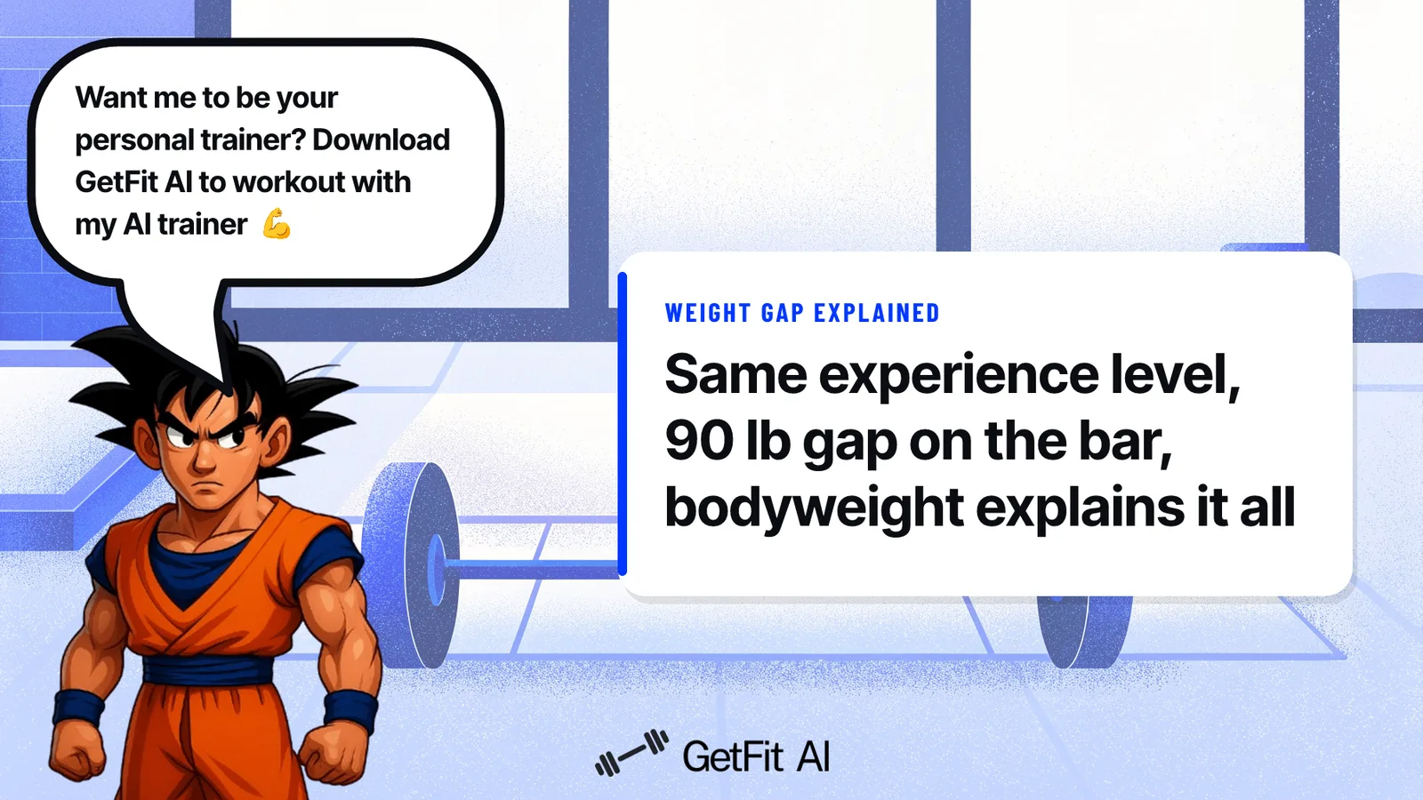 Goku stands beside a card reading "Same experience level, 90 lb gap on the bar, bodyweight explains it all" on a chalk-dusted deadlift platform