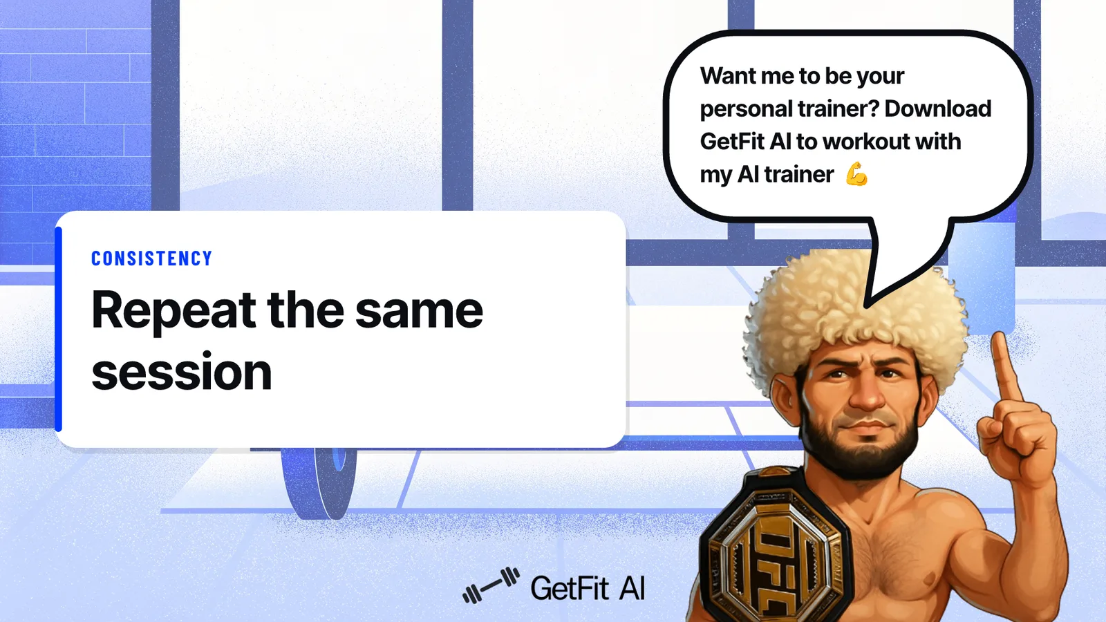 Khabib stands beside a card that reads: Repeat the same session at the same weight and you train one week, eight times, on a chalk-dusted deadlift platform