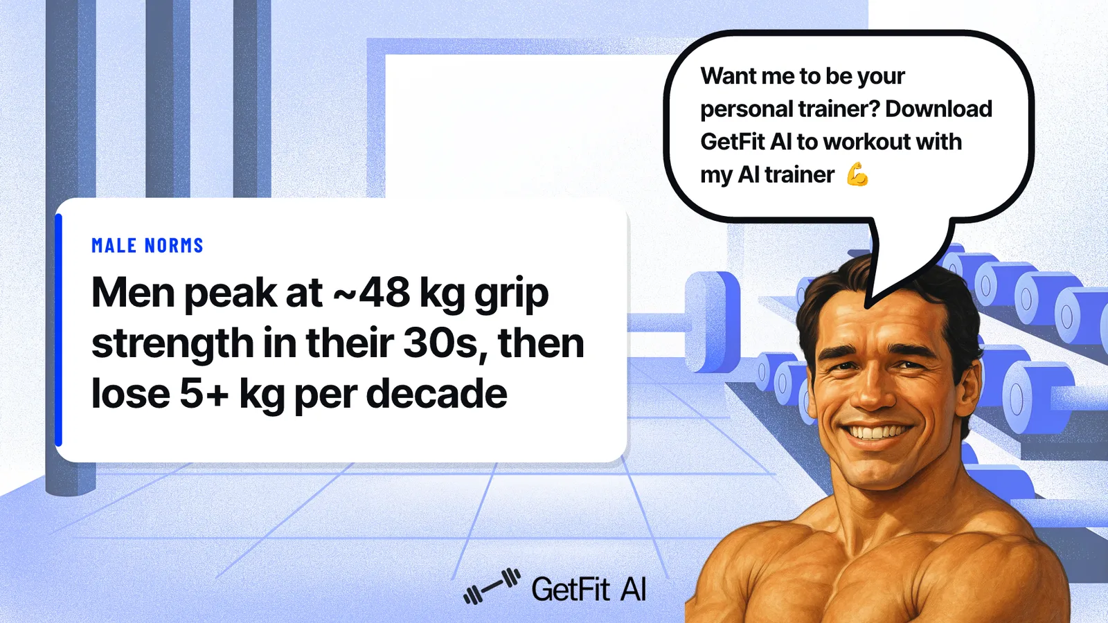 Arnold stands beside a card reading "Men peak at ~48 kg grip strength in their 30s, then lose 5+ kg per decade" in front of a dumbbell rack wall