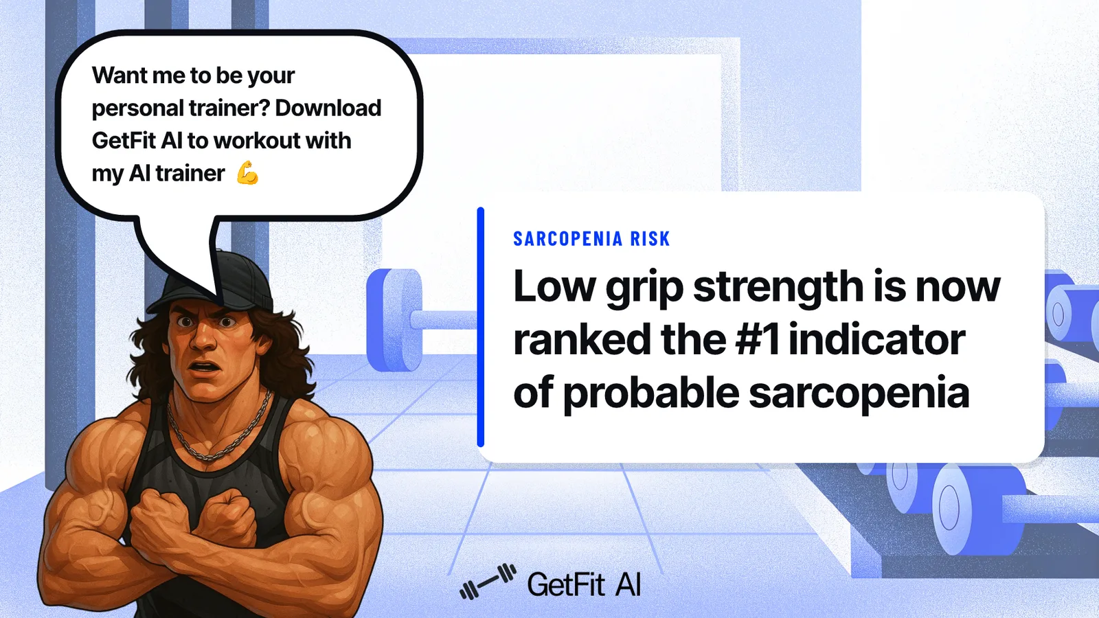Sam Sulek stands beside a card reading "Low grip strength is now ranked the #1 indicator of probable sarcopenia," set against a dumbbell rack in a bright gym