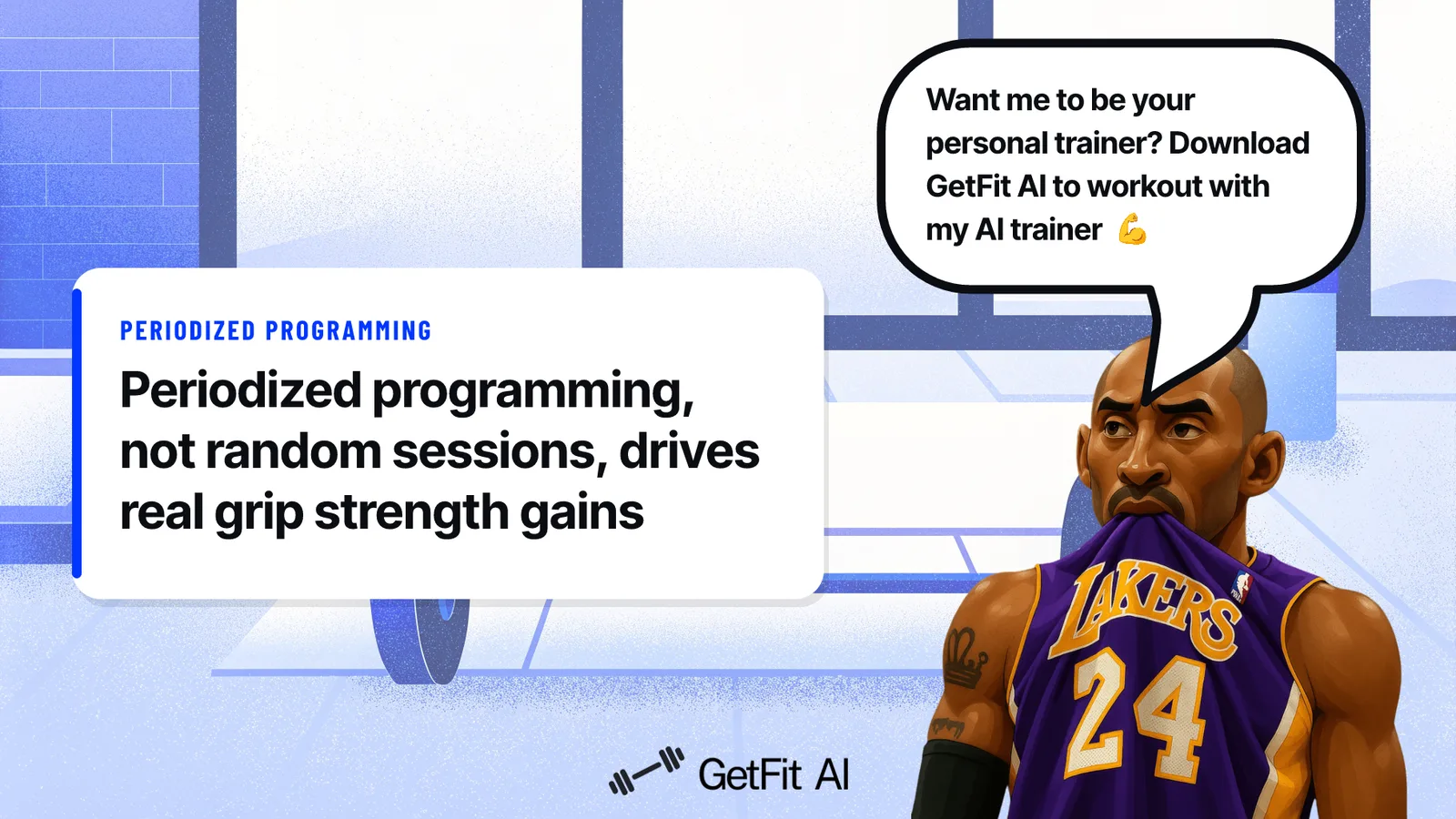 Kobe stands beside a card reading "Periodized programming, not random sessions, drives real grip strength gains" on a chalk-dusted deadlift platform