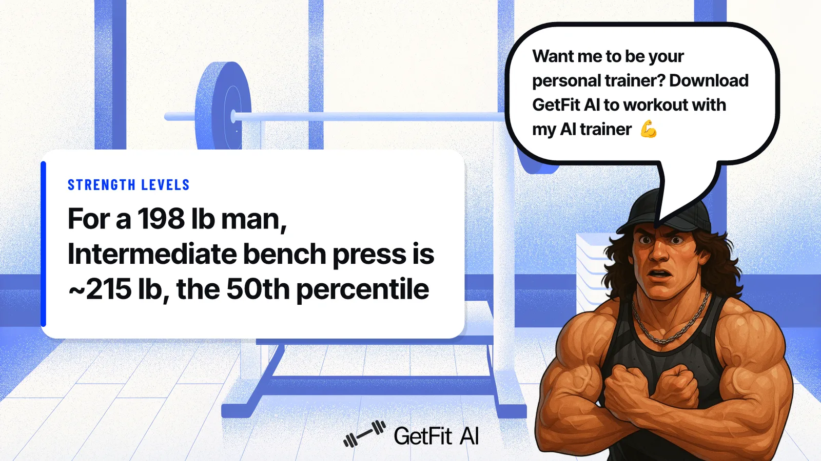 Sam Sulek stands beside a card reading "For a 198 lb man, Intermediate bench press is ~215 lb, the 50th percentile" at a loaded bench press station