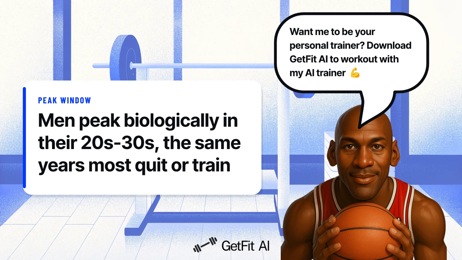 Jordan stands beside a card reading "Men peak biologically in their 20s-30s, the same years most quit or train without a plan," set at a loaded bench press station