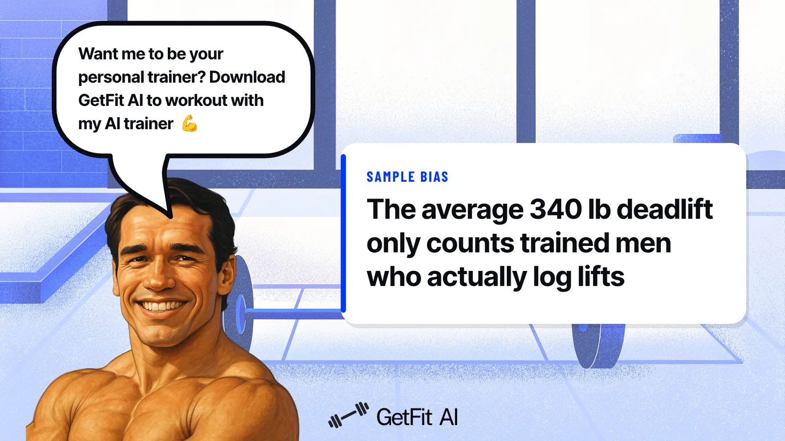 Arnold stands beside a card reading "The average 340 lb deadlift only counts trained men who actually log lifts" on a chalk-dusted deadlift platform