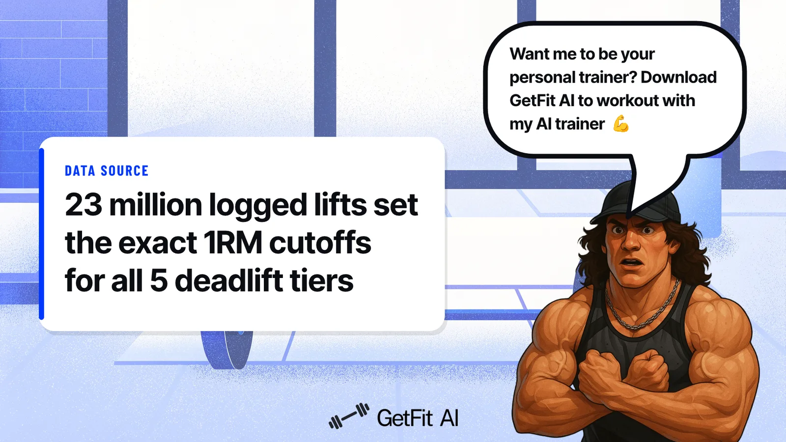 Sam Sulek stands beside a card reading "23 million logged lifts set the exact 1RM cutoffs for all 5 deadlift tiers" on a chalk-dusted deadlift platform