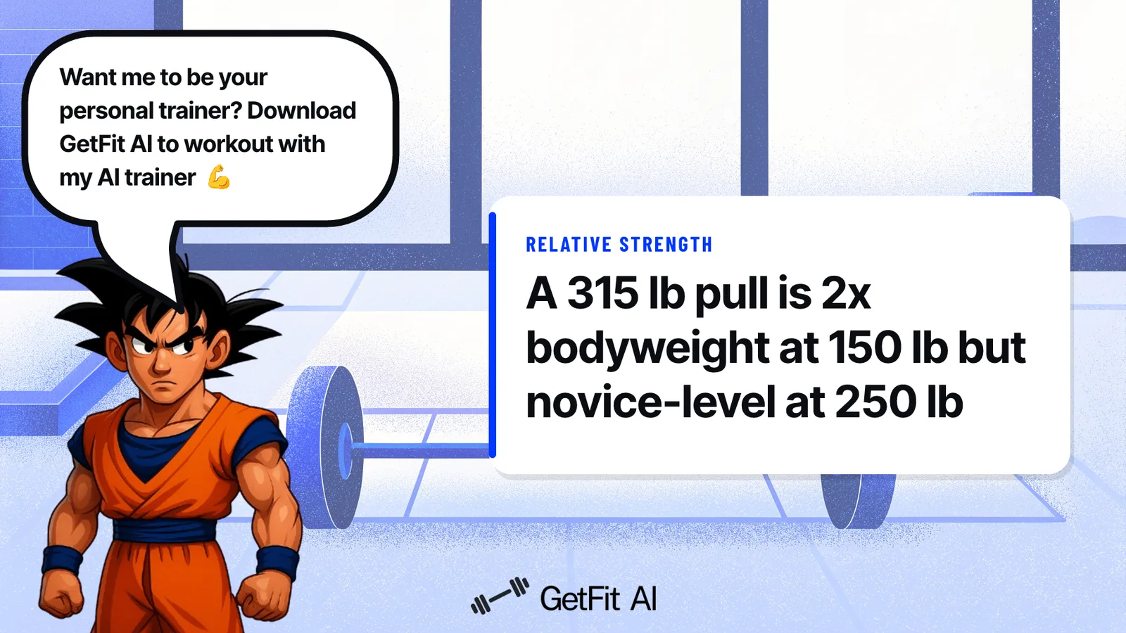 Goku stands beside a card reading "A 315 lb pull is 2x bodyweight at 150 lb but novice-level at 250 lb" on a chalk-dusted deadlift platform, illustrating why bodyweight multipliers reveal true strength better than absolute numbers
