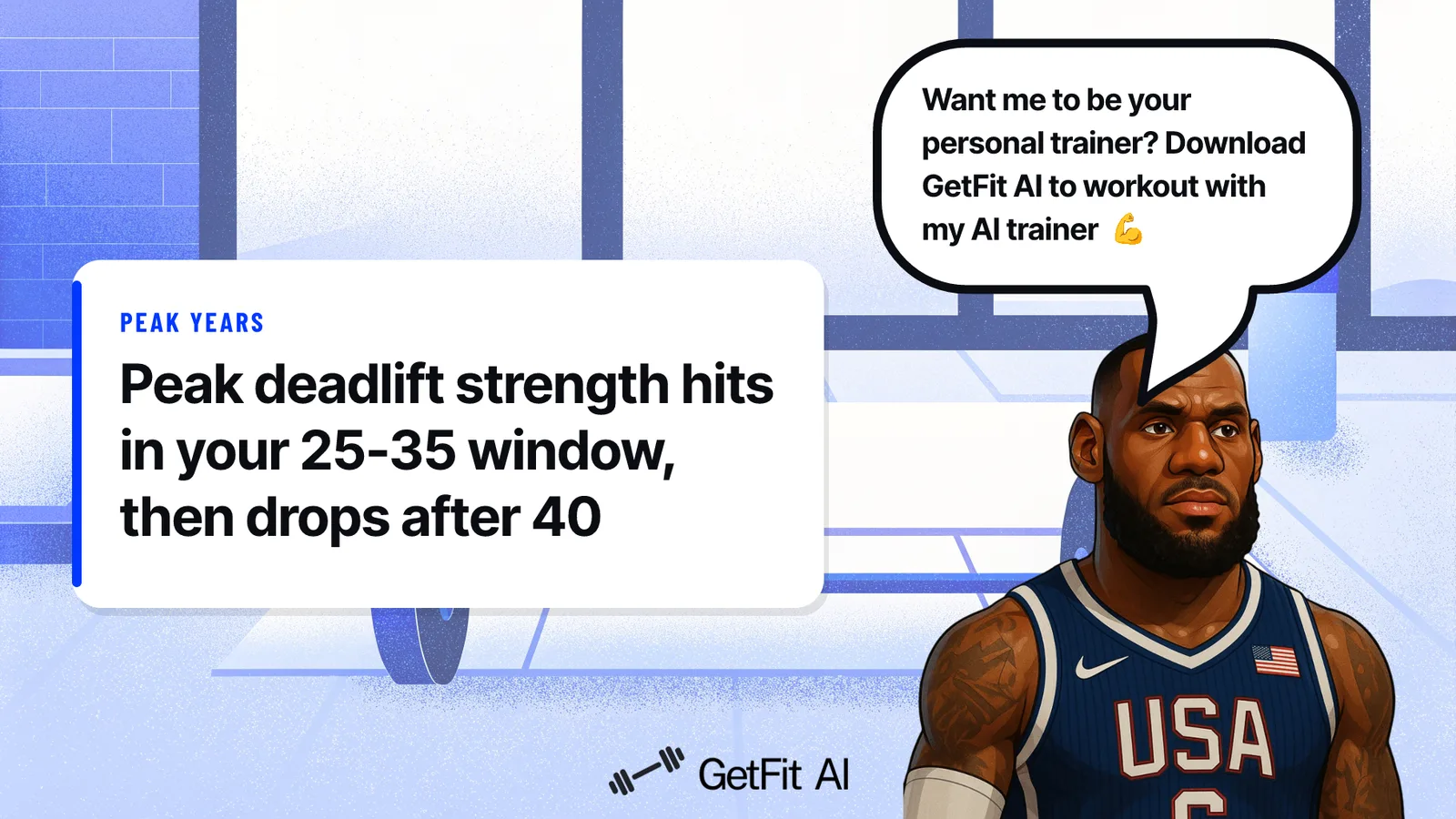 LeBron stands beside a card reading "Peak deadlift strength hits in your 25-35 window, then drops after 40" on a chalk-dusted deadlift platform