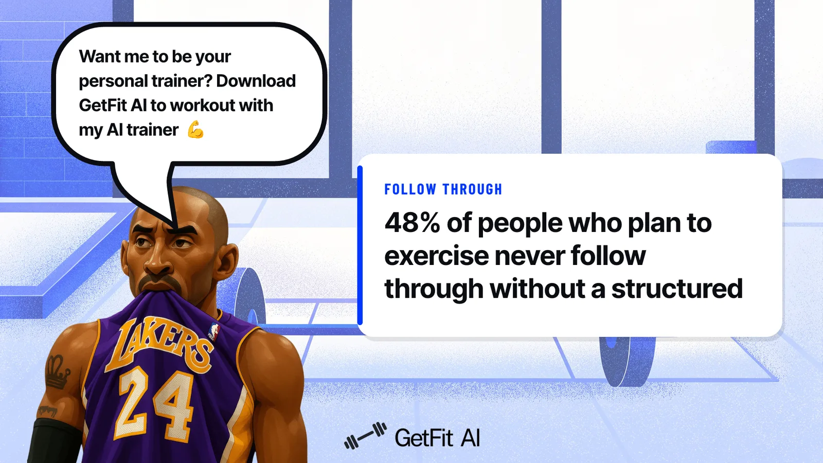 Kobe stands beside a card reading "48% of people who plan to exercise never follow through without a structured plan" on a chalk-dusted deadlift platform