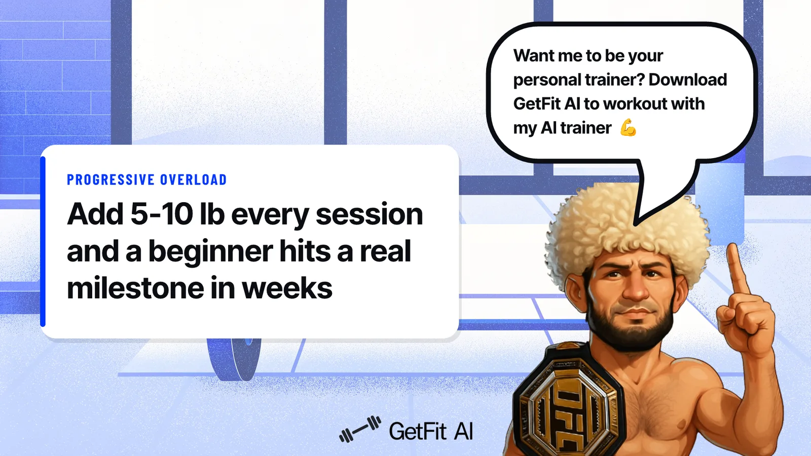 Khabib stands beside a card reading "Add 5-10 lb every session and a beginner hits a real milestone in weeks" on a chalk-dusted deadlift platform
