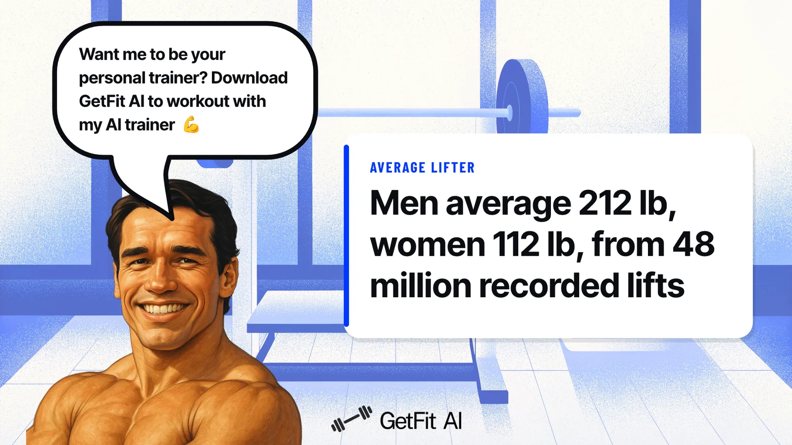 Arnold stands beside a card reading "Men average 212 lb, women 112 lb, from 48 million recorded lifts" at a loaded bench press station