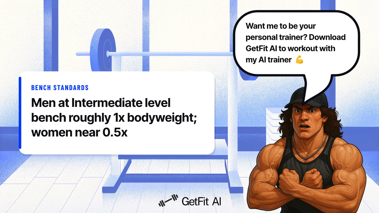 Sam Sulek stands beside a card reading "Men at Intermediate level bench roughly 1x bodyweight; women near 0.5x" at a loaded bench press station