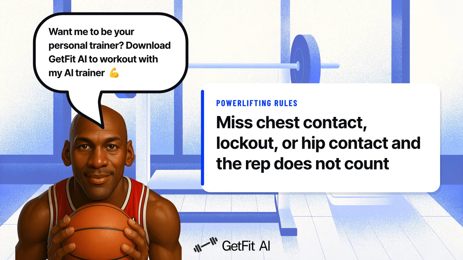 Jordan stands beside a card reading "Miss chest contact, lockout, or hip contact and the rep does not count" at a loaded bench press station