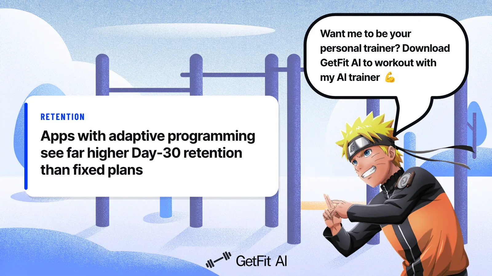 Naruto stands beside a card reading "Apps with adaptive programming see far higher Day-30 retention than fixed plans" at an outdoor calisthenics park