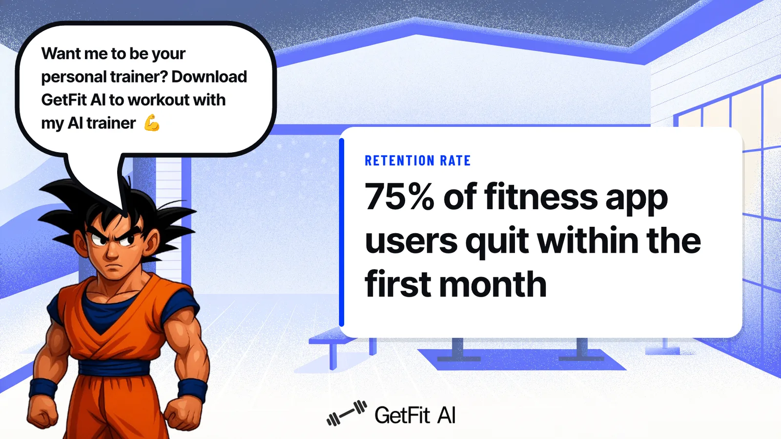 Goku stands beside a card reading "75% of fitness app users quit within the first month," set against a gym tech bench with a phone, fitness watch, and earbuds