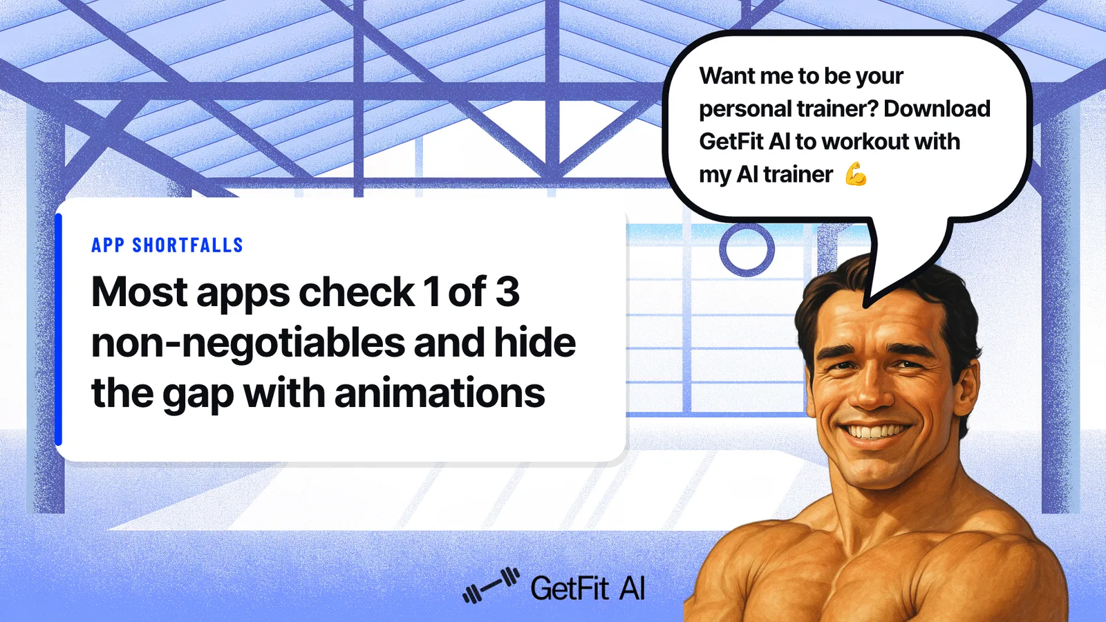 Arnold stands beside a card reading "Most apps check 1 of 3 non-negotiables and hide the gap with animations" against a gym tech-bench backdrop