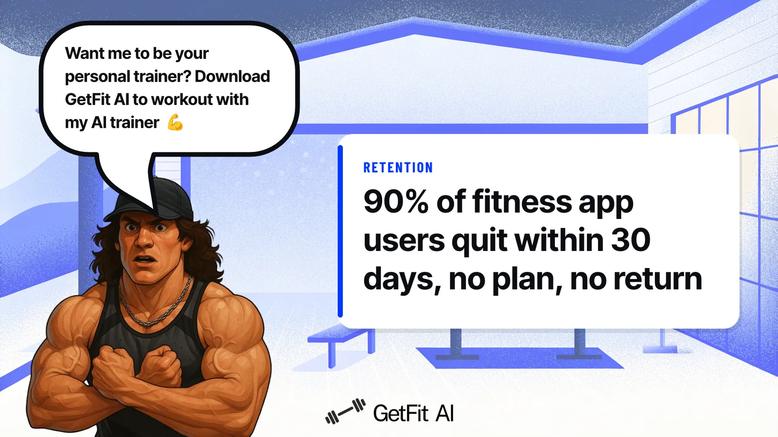 Sam Sulek stands beside a card reading "90% of fitness app users quit within 30 days, no plan, no return"