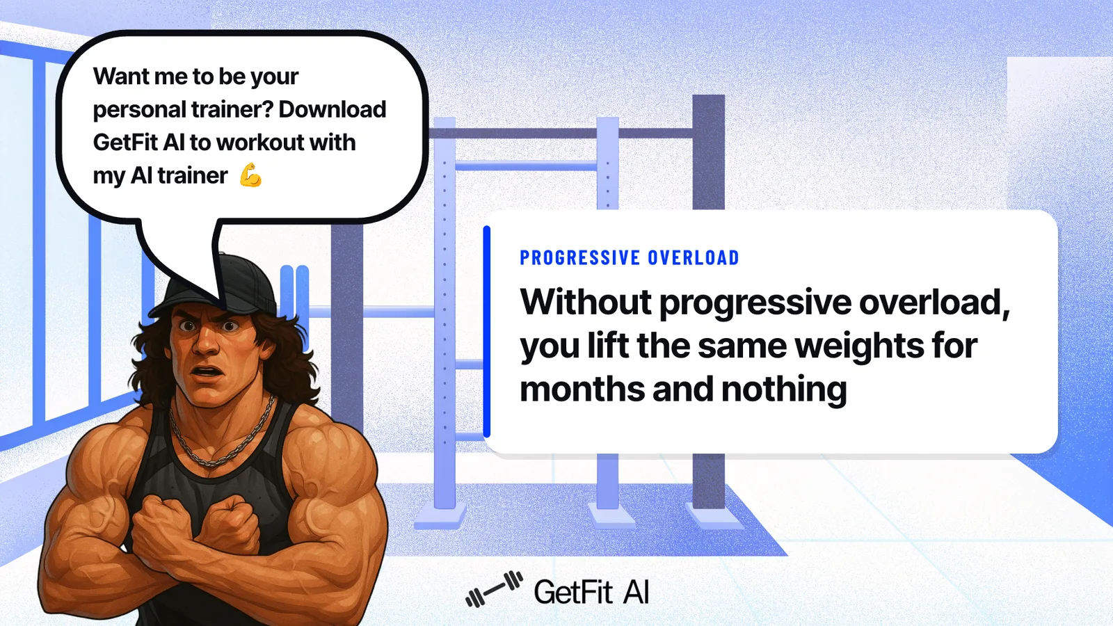 Sam Sulek stands beside a card reading "Without progressive overload, you lift the same weights for months and nothing changes," set in front of a steel power rack in a training hall