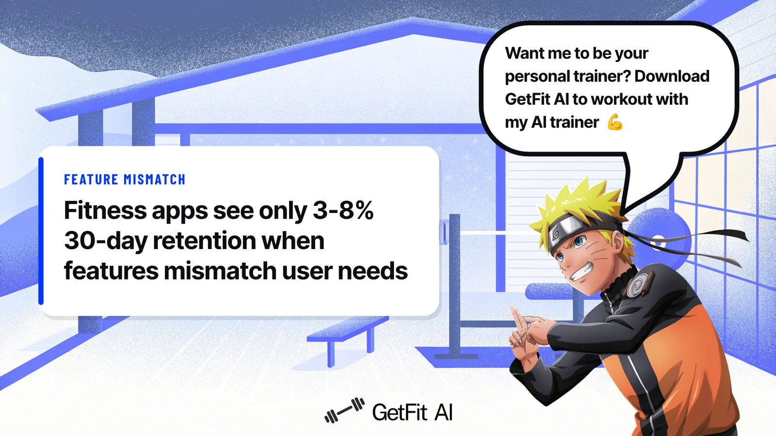 Naruto stands beside a card reading "Fitness apps see only 3-8% 30-day retention when features mismatch user needs," set in a gym with a phone, fitness watch, and earbuds on a bench
