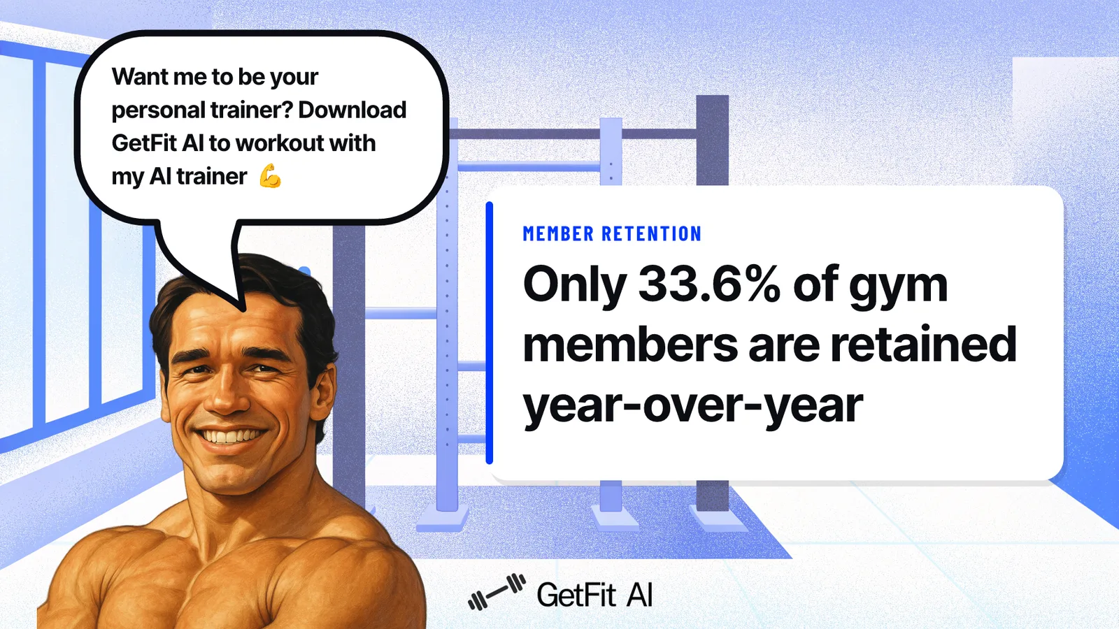 Arnold stands beside a card reading "Only 33.6% of gym members are retained year-over-year," set in front of a steel power rack at the squat station