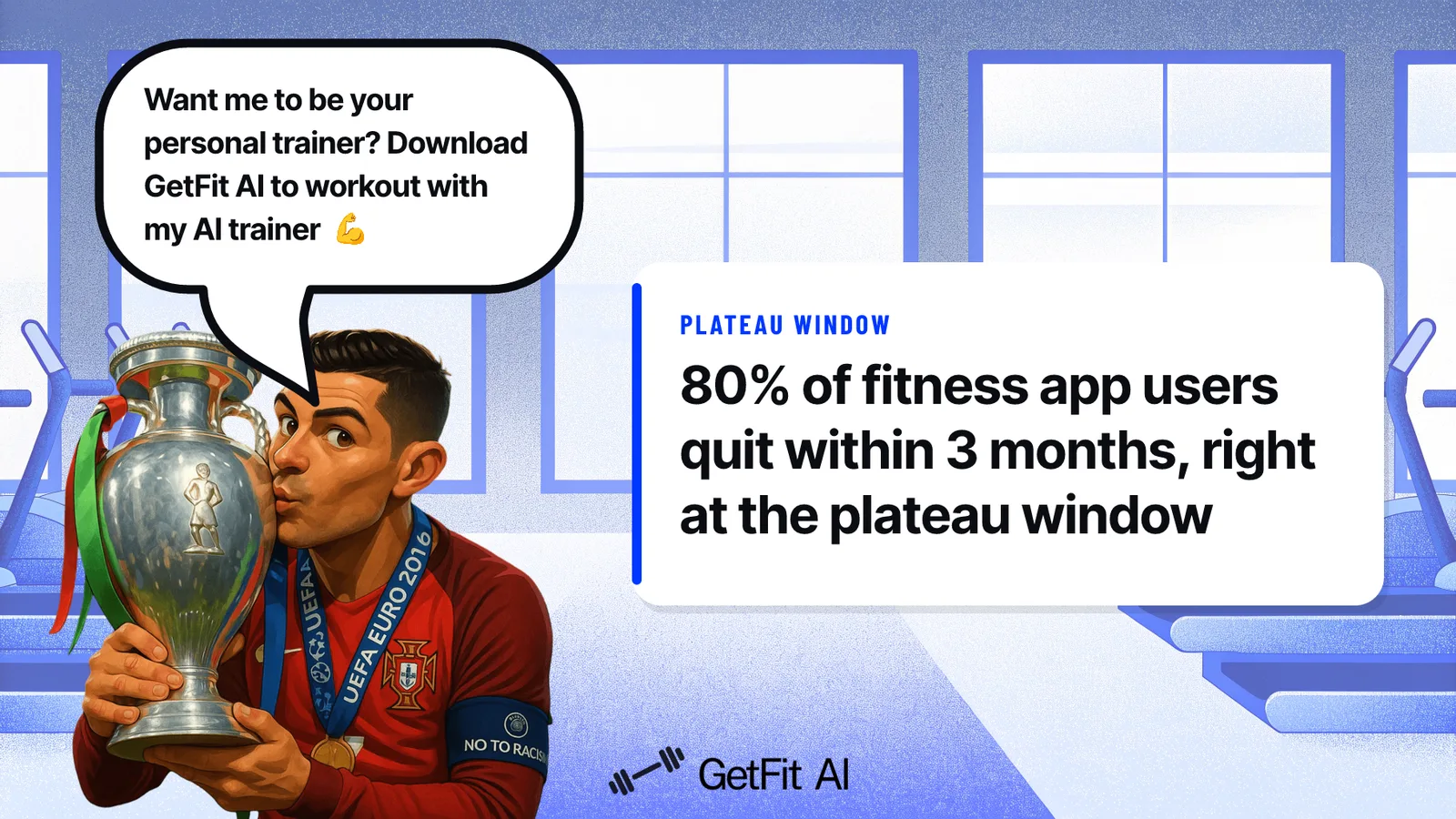 Ronaldo stands beside a card reading "80% of fitness app users quit within 3 months, right at the plateau window," set in a gym tech bench scene illustrating the drop-off point where free HIIT apps lose users.