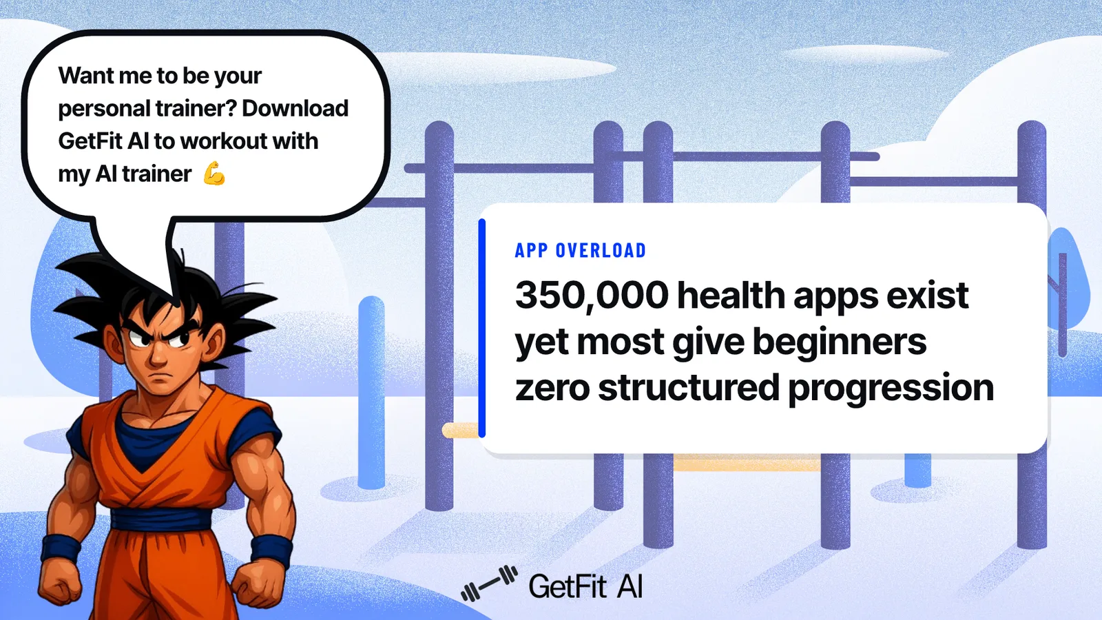Goku stands to the right of a card that reads "350,000 health apps exist yet most give beginners zero structured progression"