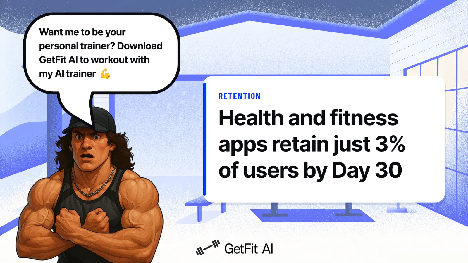 Sam Sulek stands beside a card reading "Health and fitness apps retain just 3% of users by Day 30," set against a gym bench with a phone, fitness watch, and earbuds.