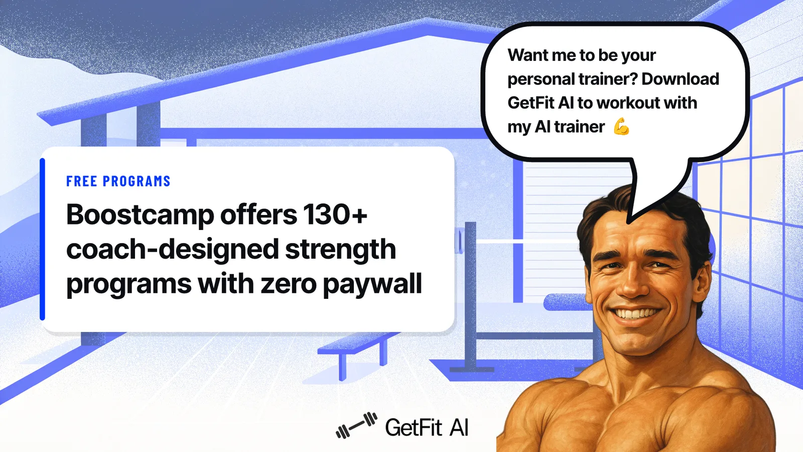 Arnold stands beside a card reading "Boostcamp offers 130+ coach-designed strength programs with zero paywall," set in front of a steel power rack in a training hall.