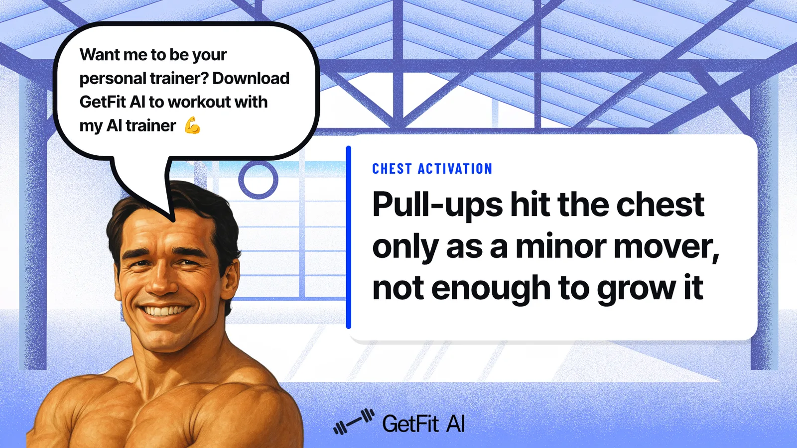 Arnold stands beside a card reading "Pull-ups hit the chest only as a minor mover, not enough to grow it" in front of a pull-up rig
