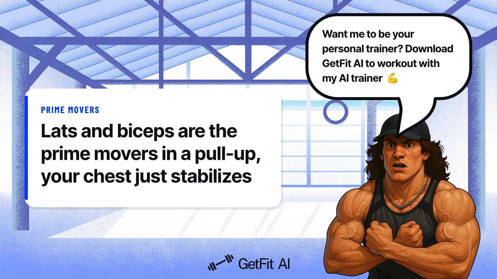 Sam Sulek stands beside a card reading "Lats and biceps are the prime movers in a pull-up, your chest just stabilizes" in front of a pull-up rig