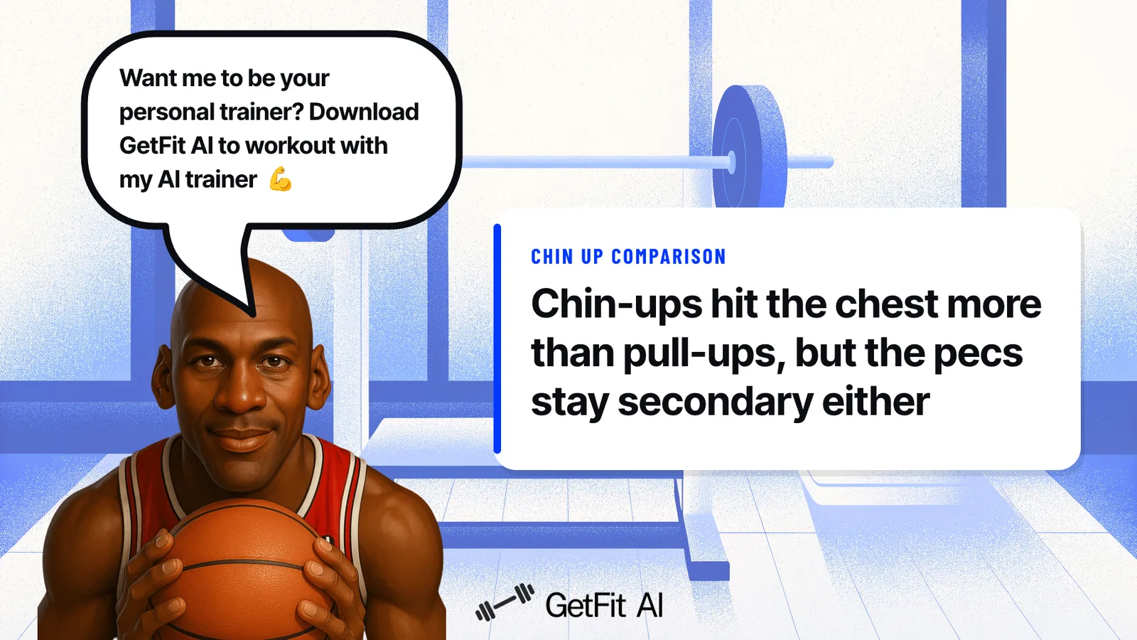 Jordan stands beside a card reading: Chin-ups hit the chest more than pull-ups, but the pecs stay secondary either way