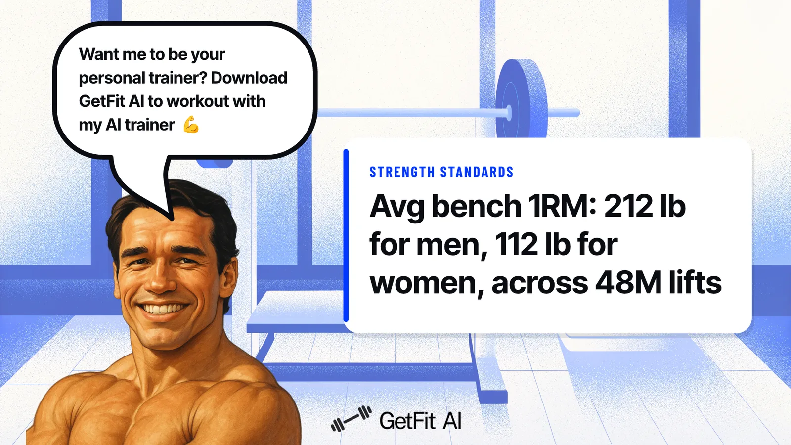 Arnold stands beside a card reading: Avg bench 1RM: 212 lb for men, 112 lb for women -- across 48M lifts