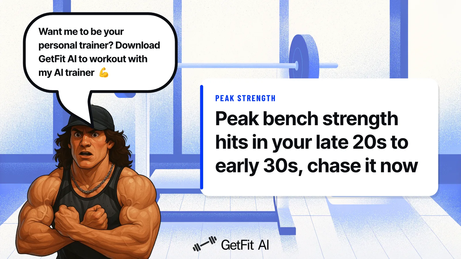 Sam Sulek stands beside a card reading "Peak bench strength hits in your late 20s to early 30s, chase it now" at a loaded bench press station
