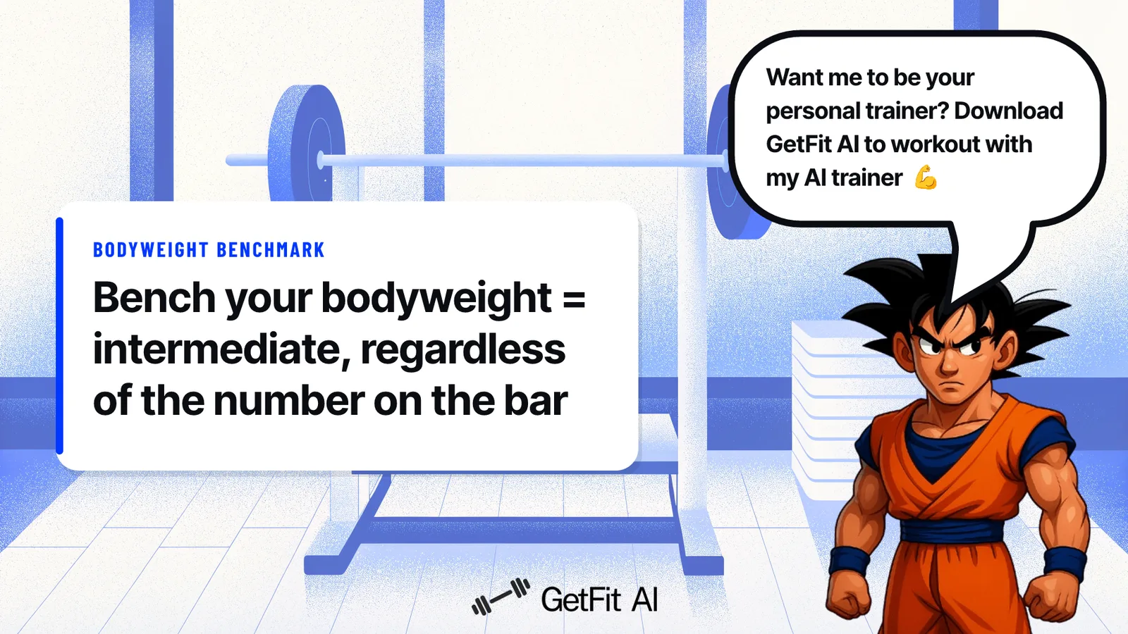 Goku stands beside a card that reads: Bench your bodyweight = intermediate, regardless of the number on the bar