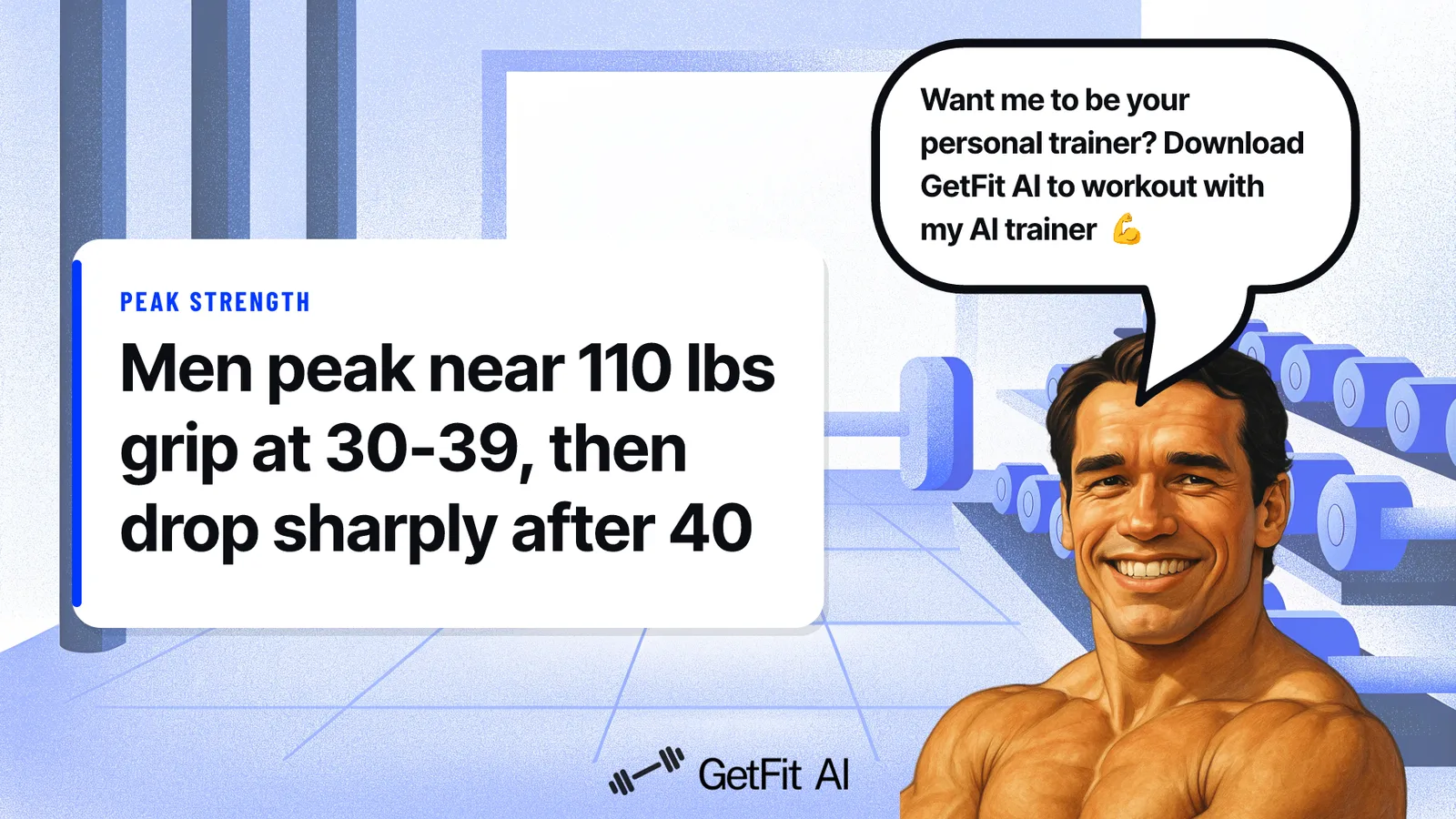 Arnold stands beside a card reading "Men peak near 110 lbs grip at 30-39, then drop sharply after 40" in front of a dumbbell rack wall.